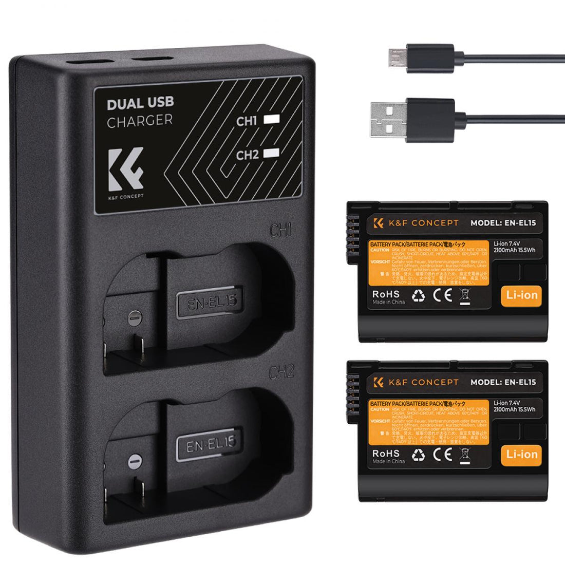 K&amp;F Concept Dual EN-EL15 Battery + Charger Kit for Nikon Cameras-KF28.0012