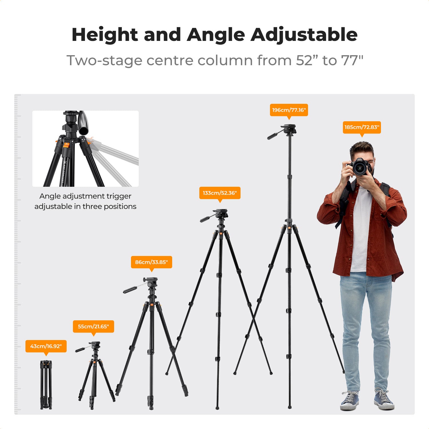 K&F Concept 1.96m Aluminium Camera & Video Travel Tripod With 3-Way Head KF09-115V1