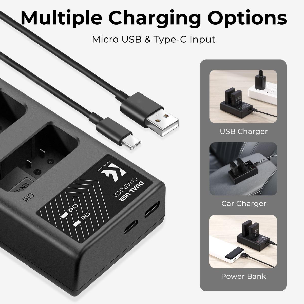 K&F Concept Dual EN-EL14 Battery + Charger Kit for Nikon Cameras-KF28.0020