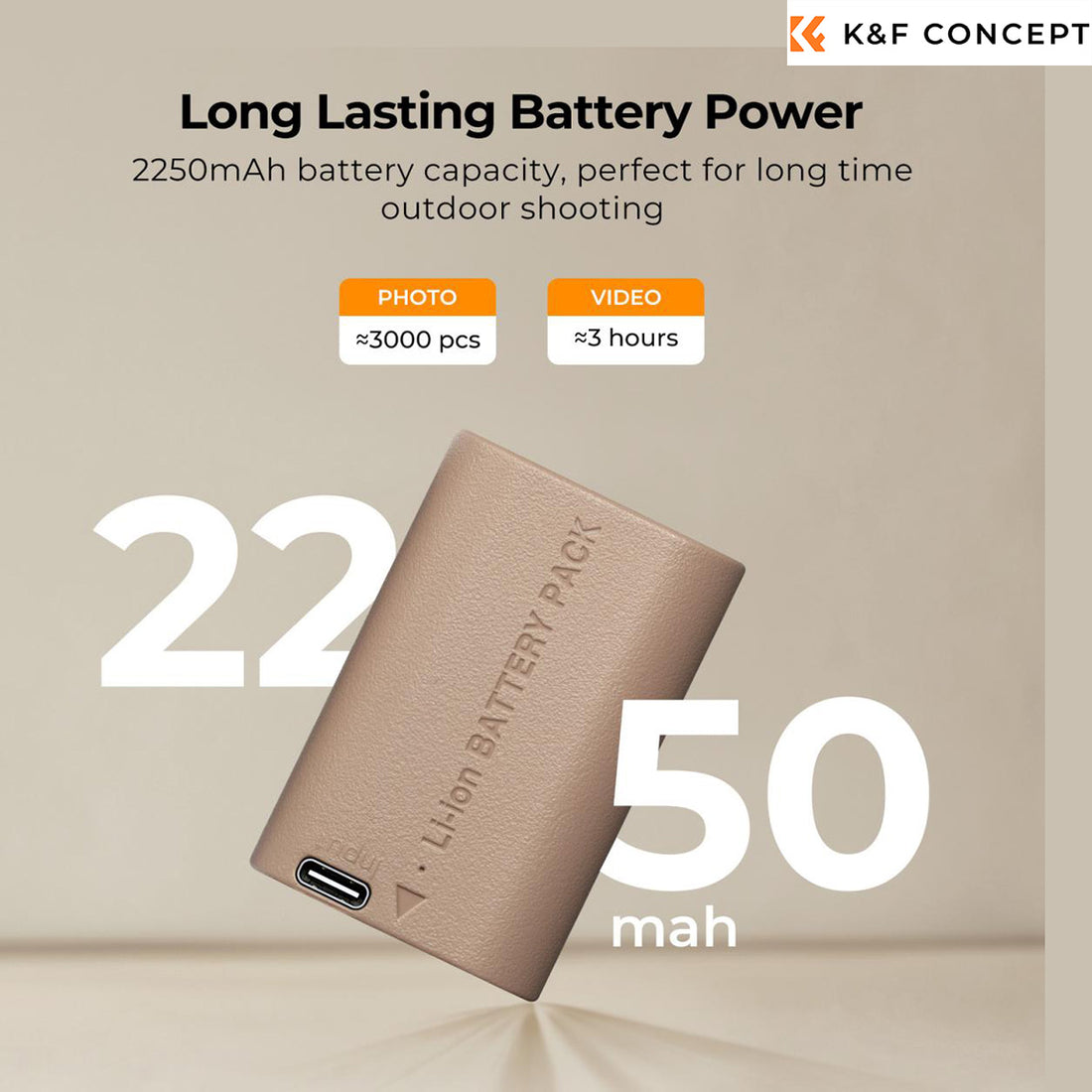 K&amp;F Concept 2250mAh LP-E6NH / LP-E6N / LP-E6 Compatible Battery-Type-C Port