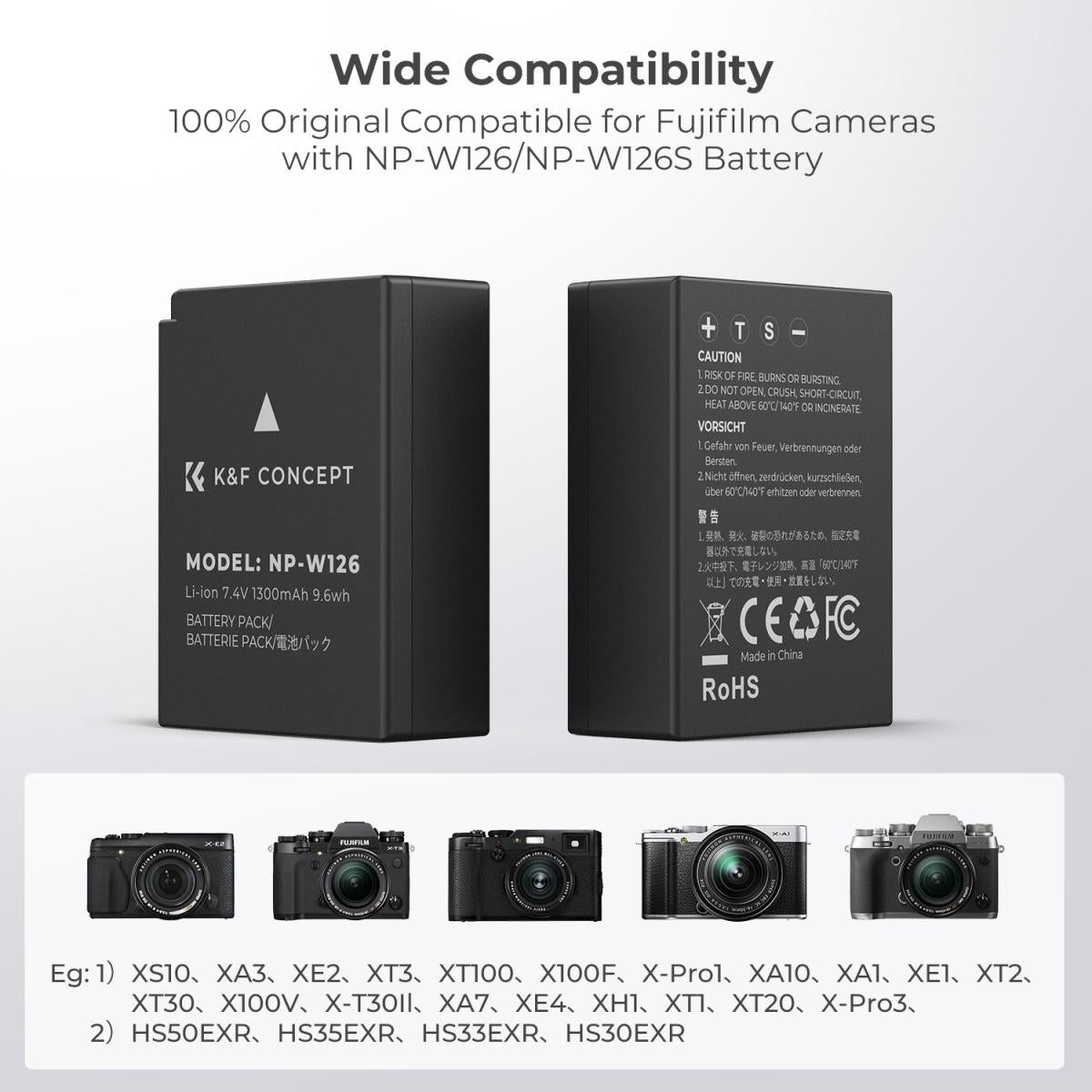 K&F Concept Dual NP-W126 1300mAh Batteries + Charger for Fuji
