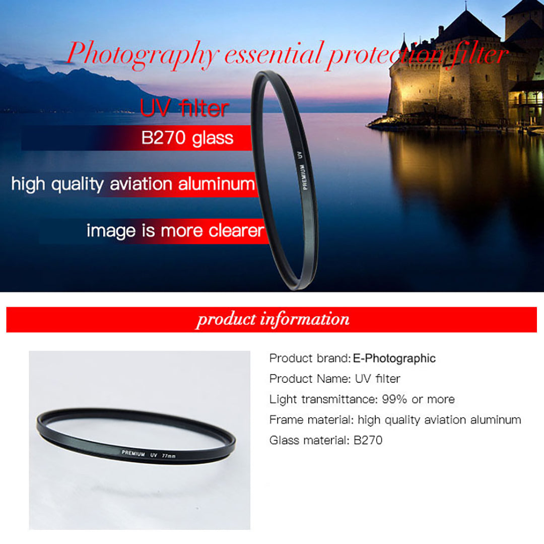 E-Photographic PRO 77mm Multicoated UV Filter-German HD B270 Schott Optics