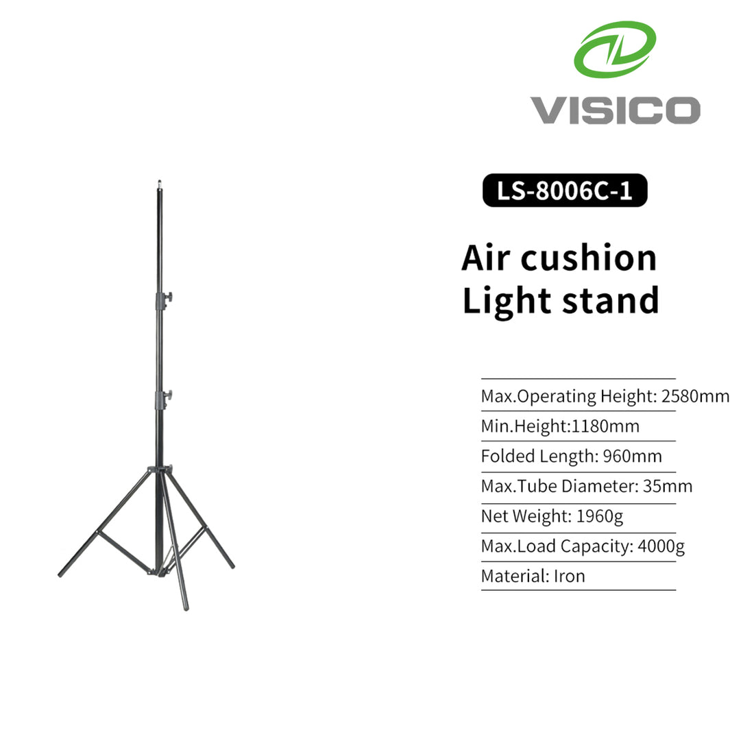 Visico True Professional 2.6m Air Cushioned Light Stand Black LS-8006C-1