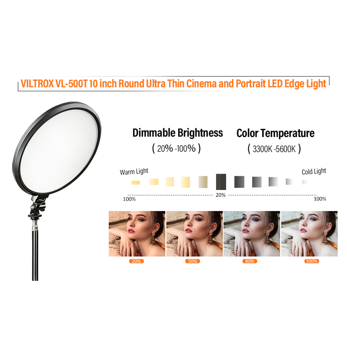 Viltrox VL-500T, 2000 Lumens 25W Round LED Light, Adjustable Power & Color