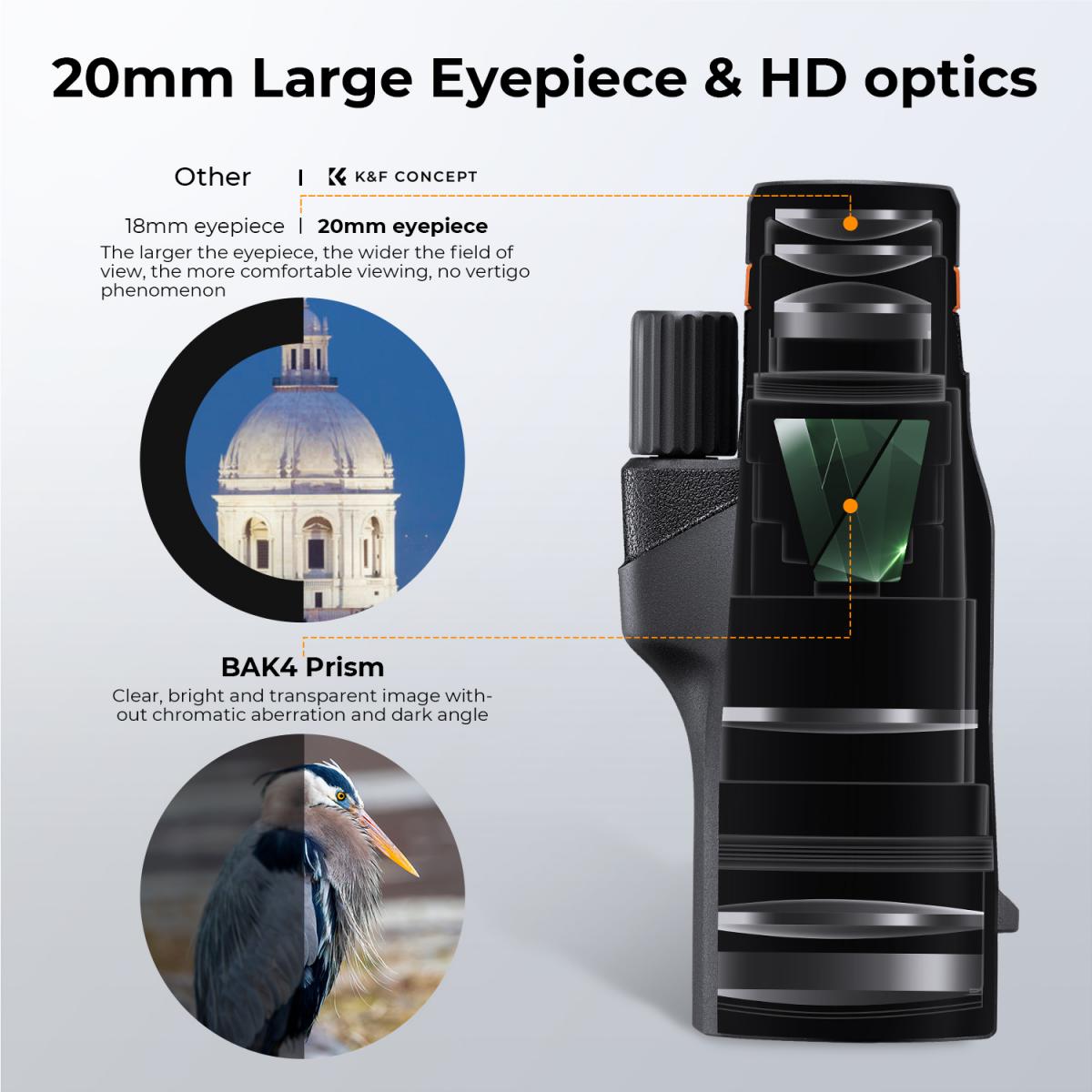 K&F 12X50 BAK4 HD Monocular Waterproof, Easy Focus Tripod Mount - Black
