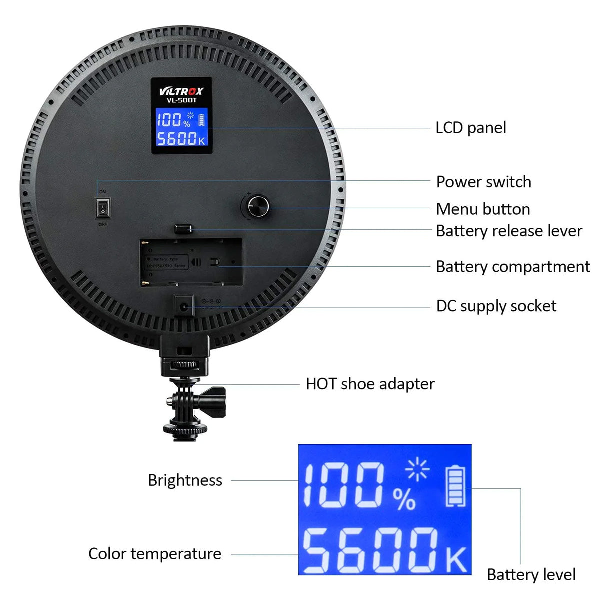 Viltrox VL-500T, 2000 Lumens 25W Round LED Light, Adjustable Power & Color