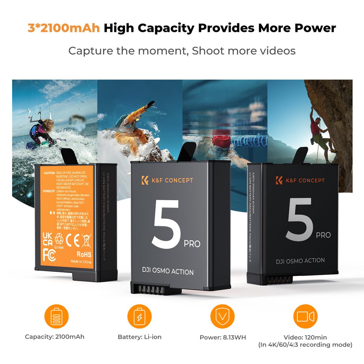 K&F Concept 3 Pack Batteries & Charger for DJI Osmo Action 5/4/3