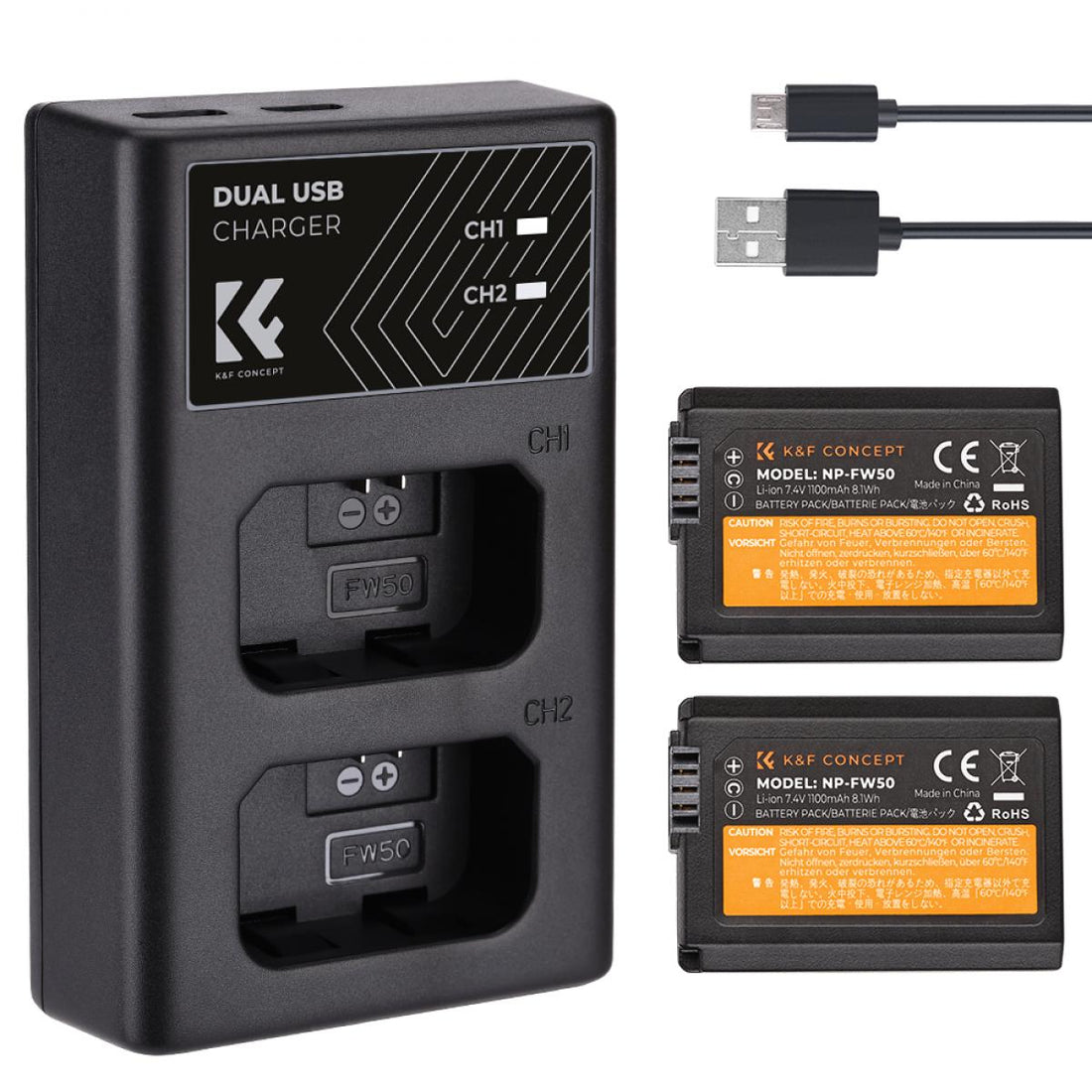 K&amp;F Concept Dual NP-FW50 Battery + Charger Kit for Sony Cameras-KF28.0015