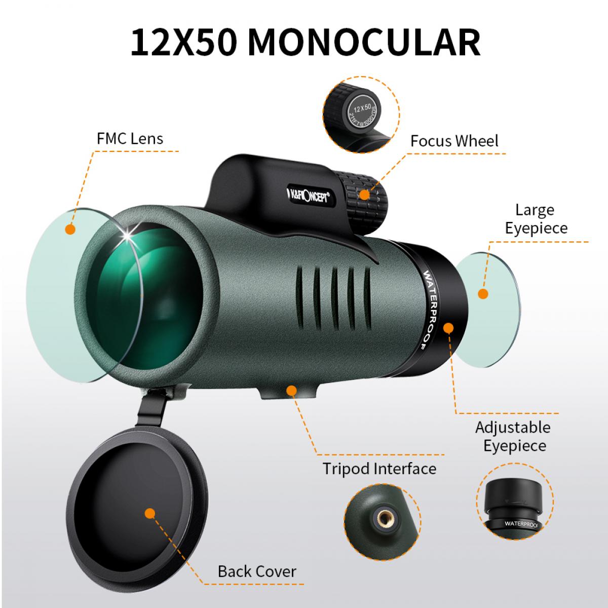 K&F Concept 12 X 50 FMC HD Monocular, German Schott AG optics - KF33-008