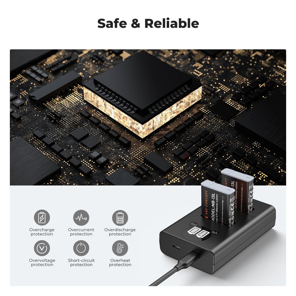 K&F Concept 2 Pack NB-13L Batteries & LCD Charger for Canon
