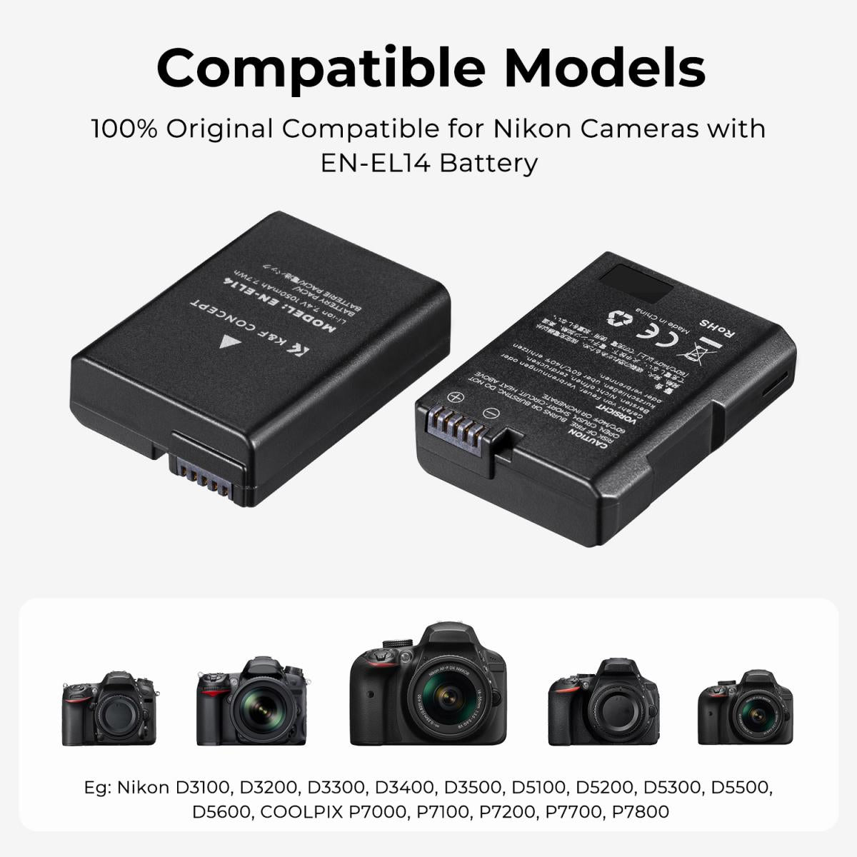 K&F Concept Dual EN-EL14 Battery + Charger Kit for Nikon Cameras-KF28.0020