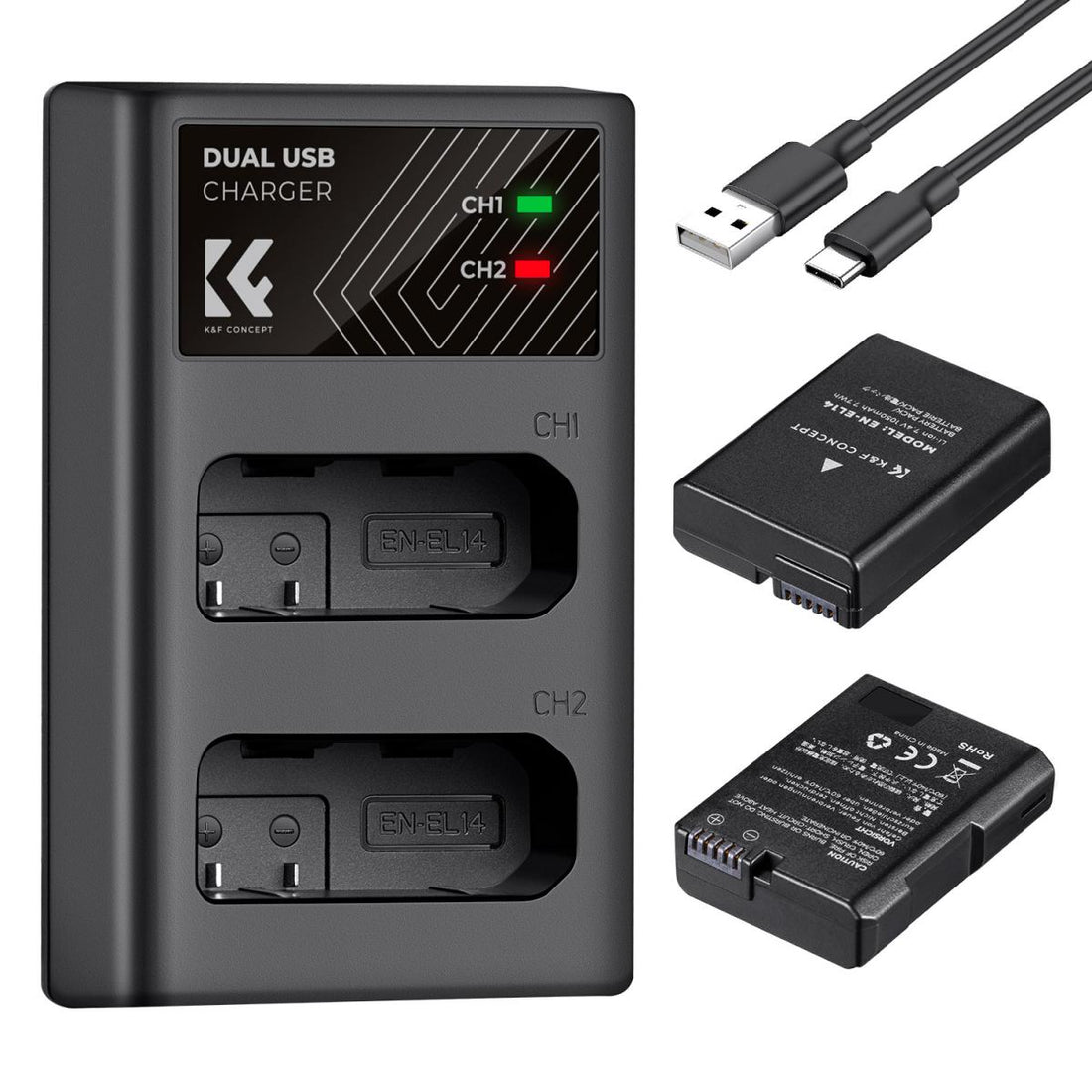 K&F Concept Dual EN-EL14 Battery + Charger Kit for Nikon Cameras-KF28.0020