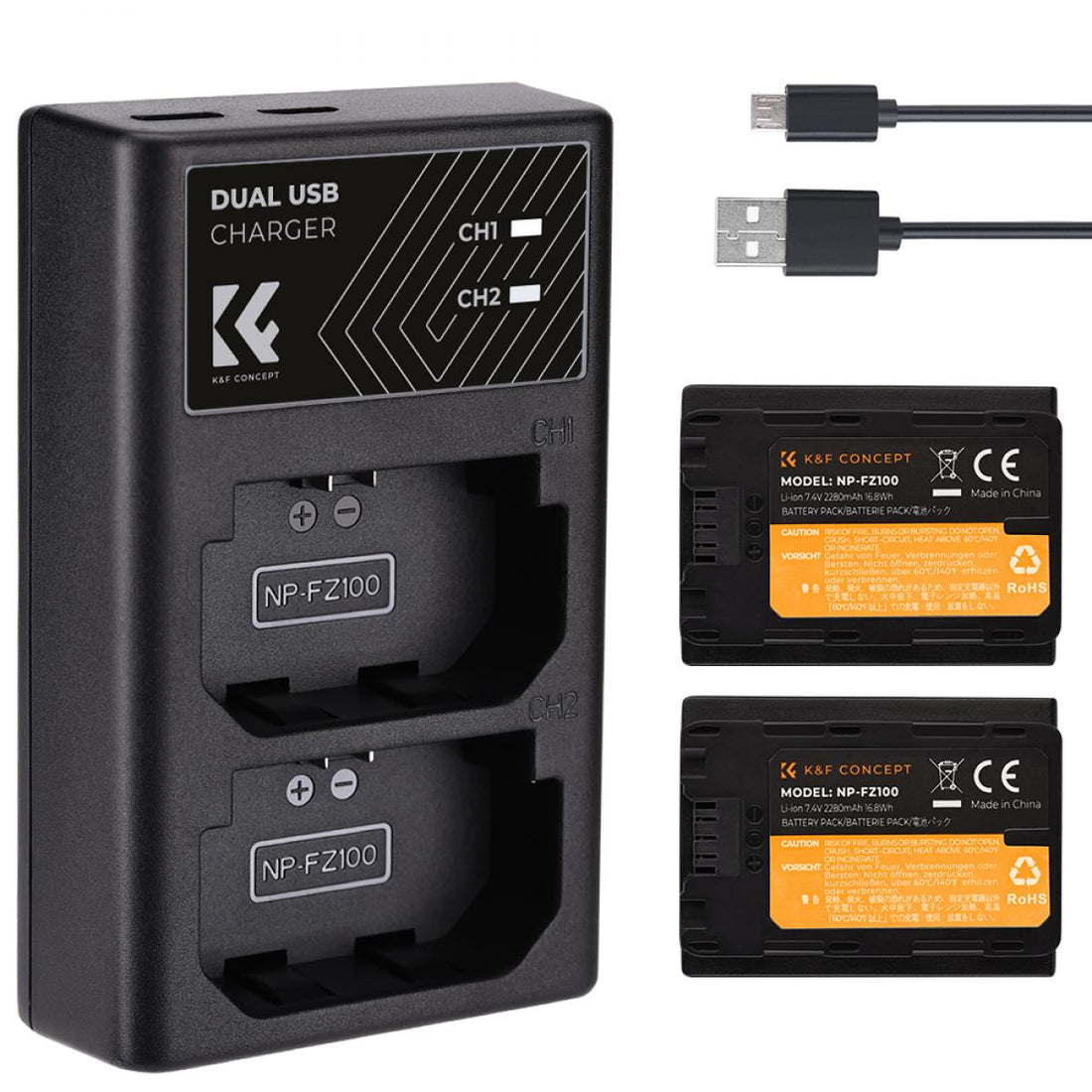 K&amp;F Concept Dual NP-FZ100 Battery + Charger Kit for Sony Cameras-KF28.0016