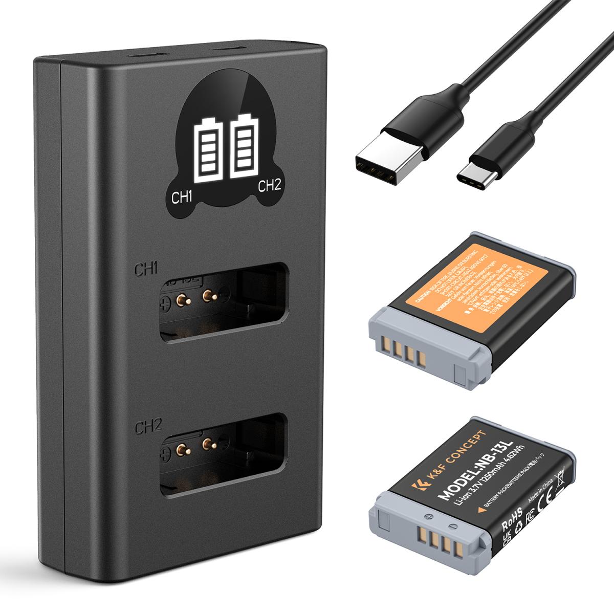 K&F Concept 2 Pack NB-13L Batteries & LCD Charger for Canon