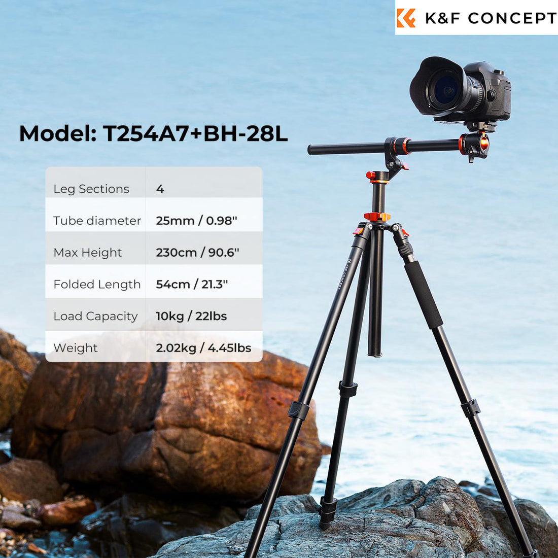 K&amp;F Concept T254A7 Tripod With PH-28L Head Monopod Option &amp; Cross Arm-KF09.119