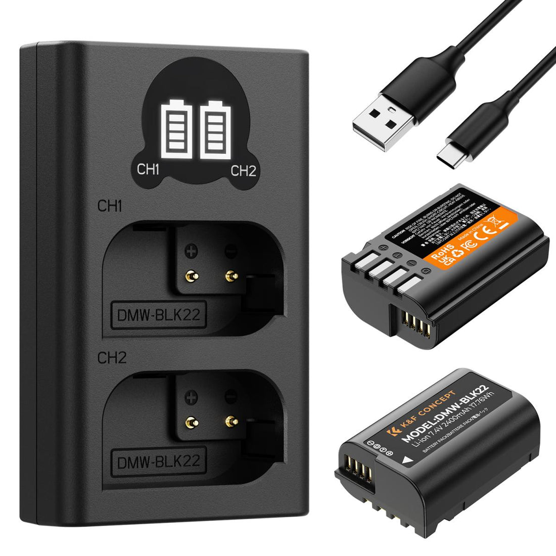 K&F Concept 2 Pack DMW-BLK22 Batteries & LCD Charger for Panasonic Lumix