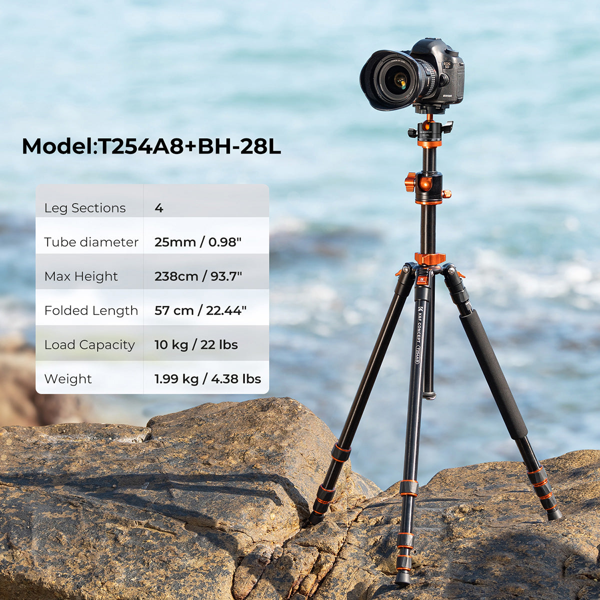 K&F 2.4 m Aluminium Video Tripod with Detachable Monopod & 360° Ball Head