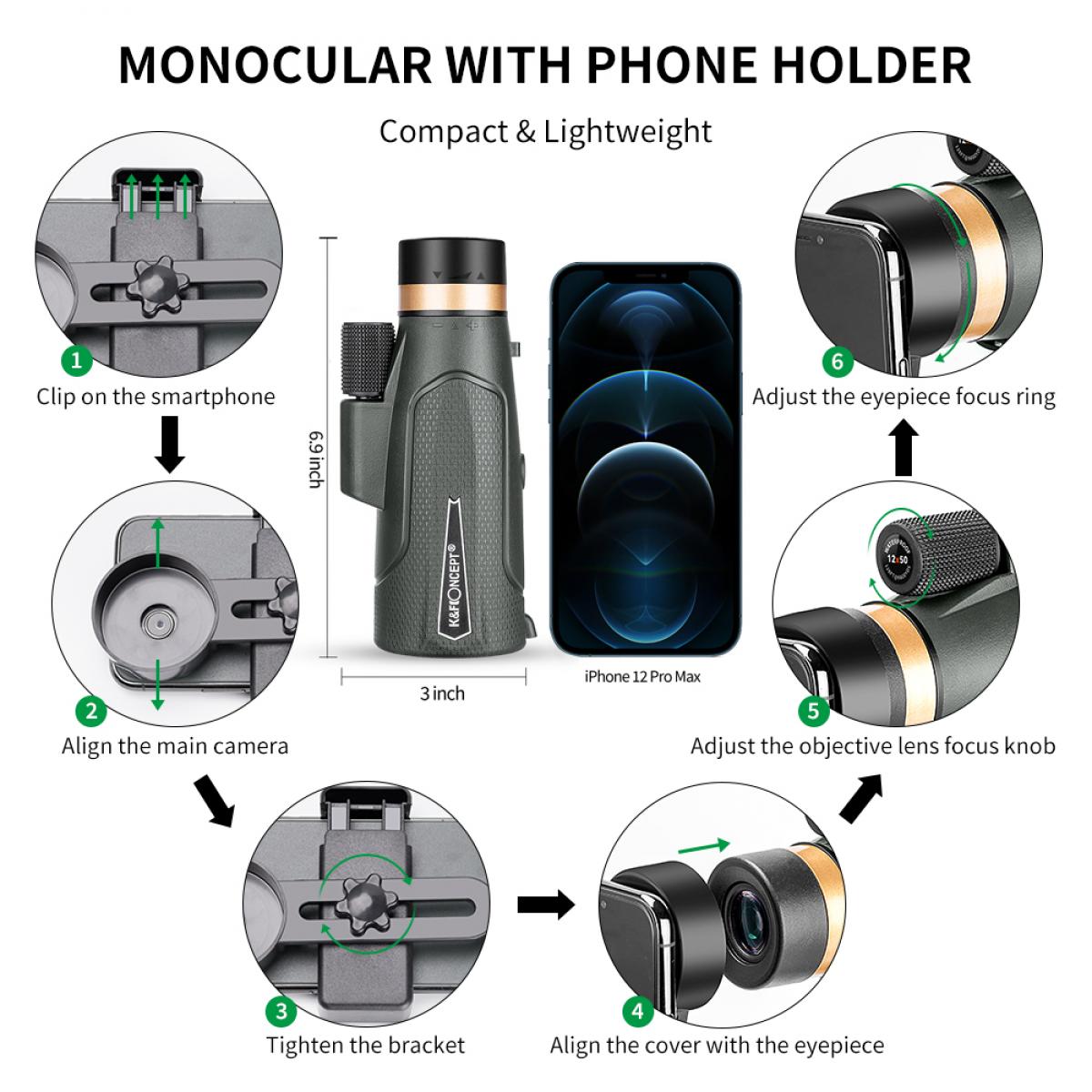K&F Concept 12X50 Compact Monocular IP65 Water Resistant BAK4 Prisms & FMC Coatings