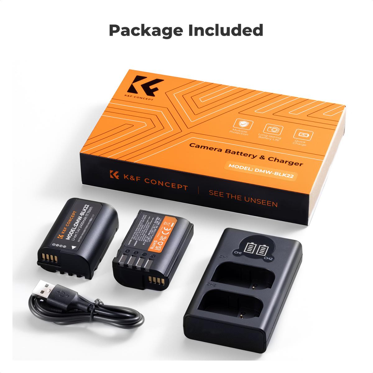 K&F Concept 2 Pack DMW-BLK22 Batteries & LCD Charger for Panasonic Lumix