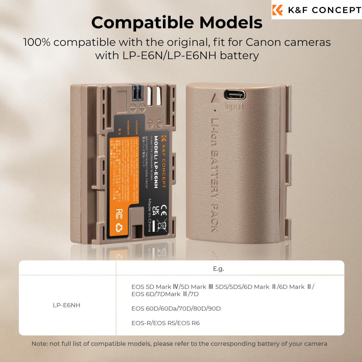 K&F Concept 2250mAh LP-E6NH / LP-E6N / LP-E6 Compatible Battery-Type-C Port