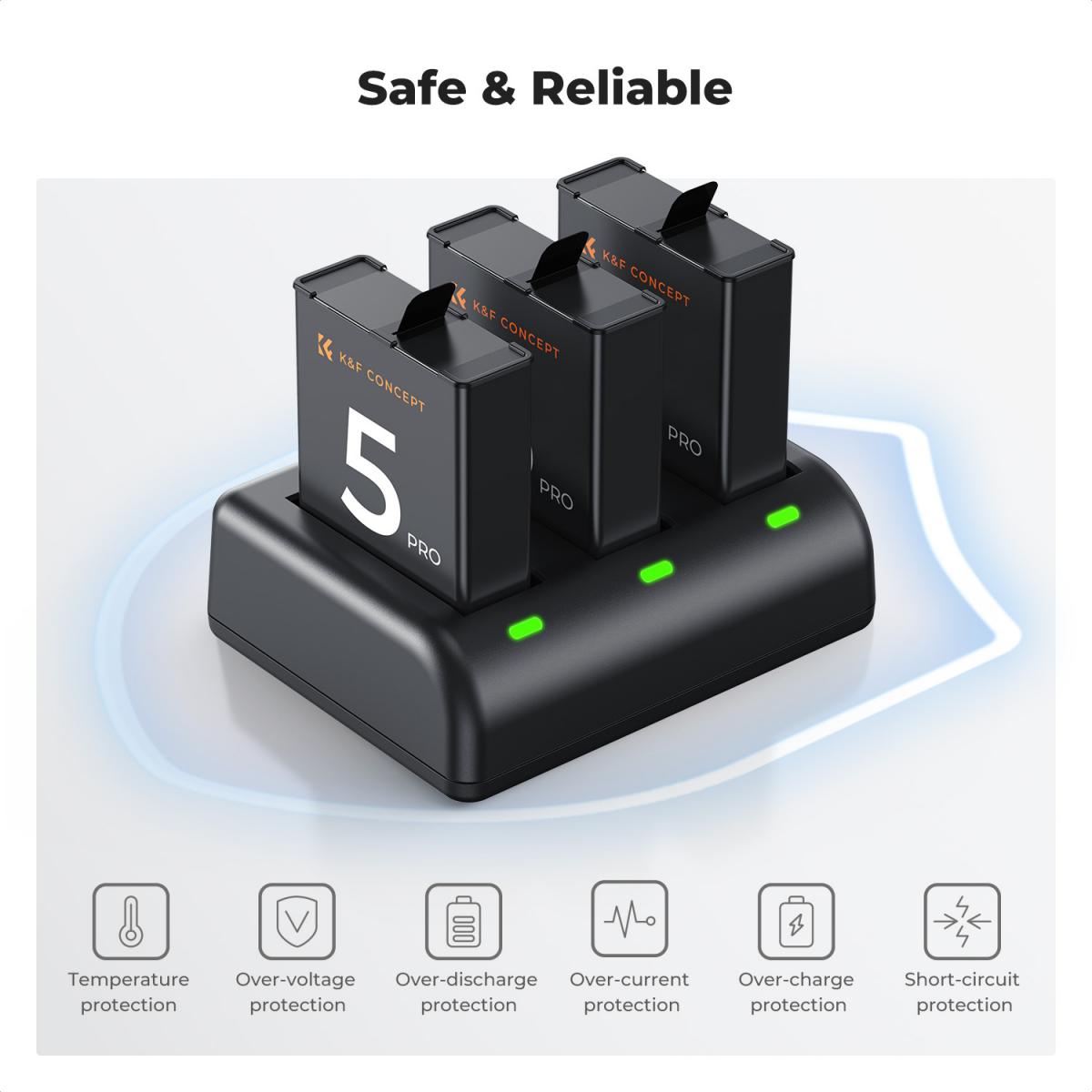 K&amp;F Concept 3 Pack Batteries &amp; Charger for DJI Osmo Action 5/4/3