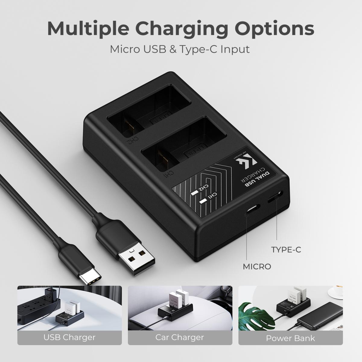 K&amp;F Concept Dual LP-E8 1200mAh Batteries + Charger for Canon