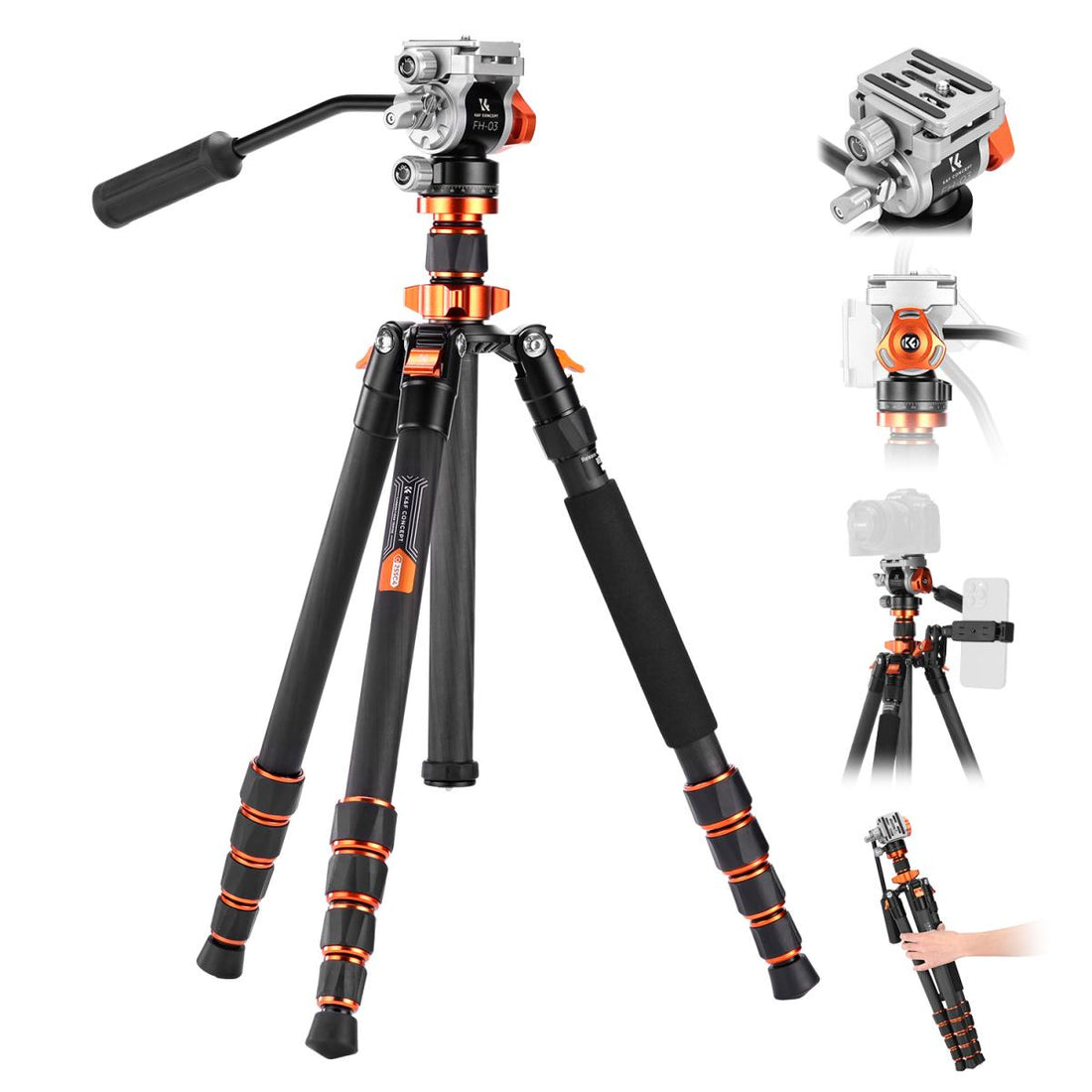 K&amp;F Concept Omni Series 1.7m Lightweight Carbon Fibre Tripod | Hydraulic Video Head &amp; Monopod Conversion – O255C4