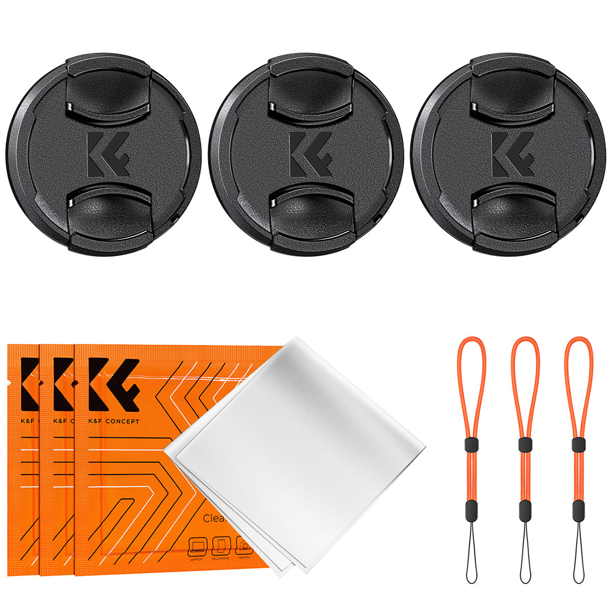 K&amp;F 67mm Set of 3 Center Pinch Lens Caps With Orange Strings Plus 3x Cleaning Cloths