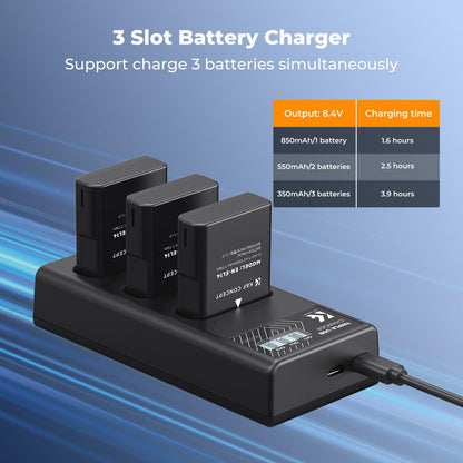 K&amp;F Concept 3 Pack EN-EL14 Batteries &amp; LCD Charger compatible with Nikon
