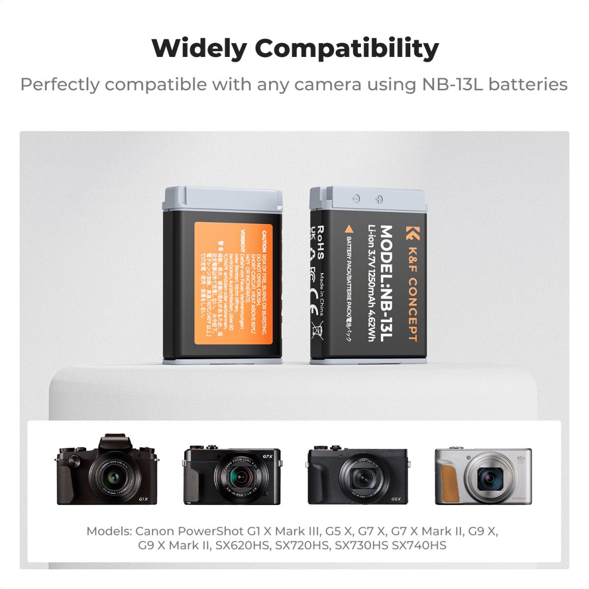 K&amp;F Concept 2 Pack NB-13L Batteries &amp; LCD Charger for Canon