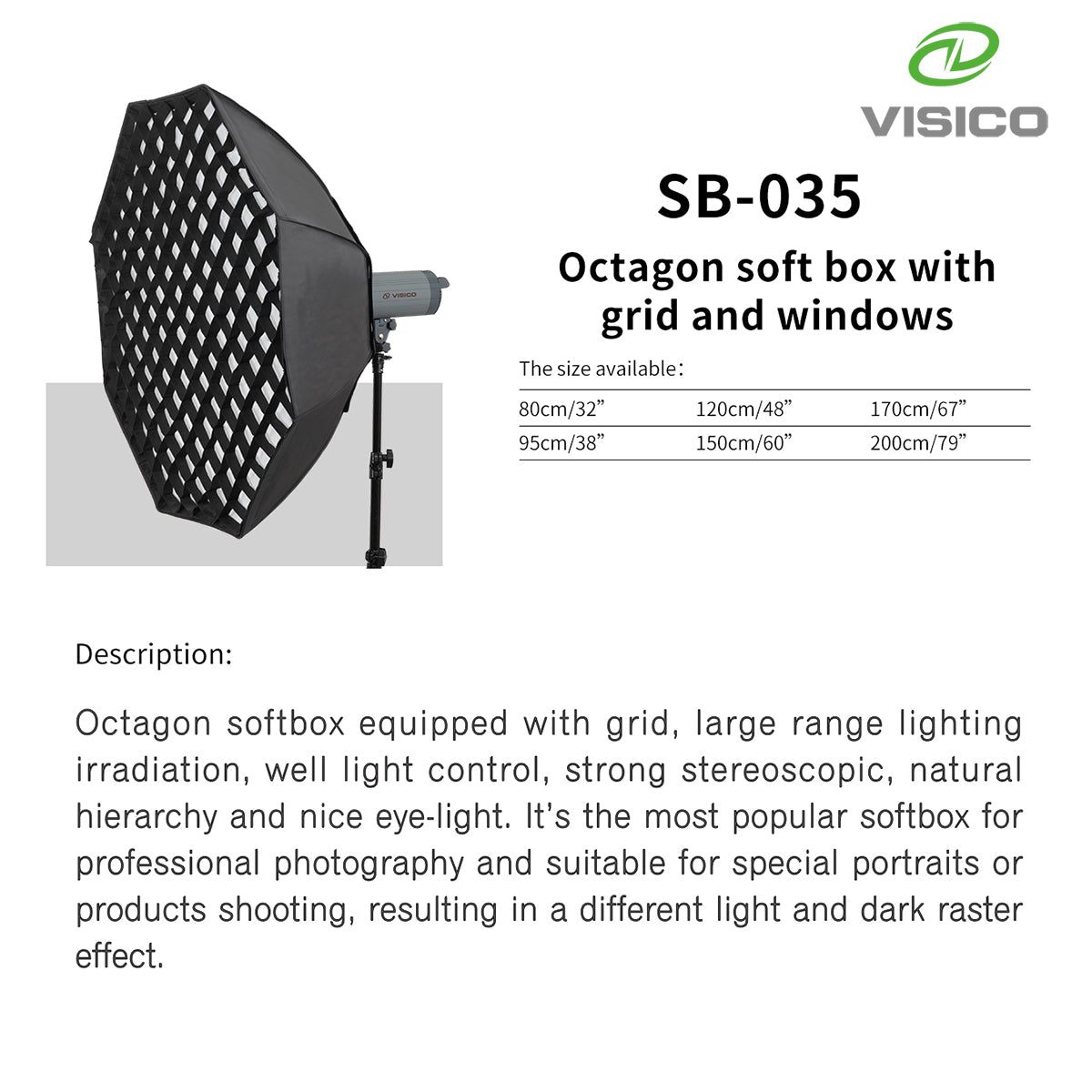 Visico 95cm PRO 8 Side/Octagon Studio/Outdoor Soft-box With Grid VSSB-035-95