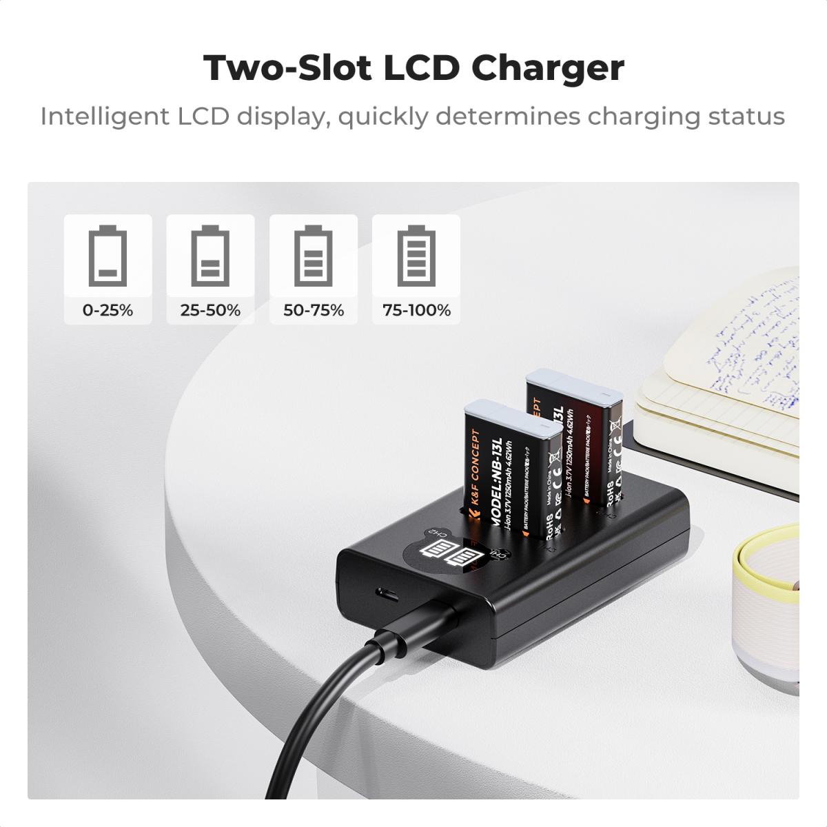 K&amp;F Concept 2 Pack NB-13L Batteries &amp; LCD Charger for Canon