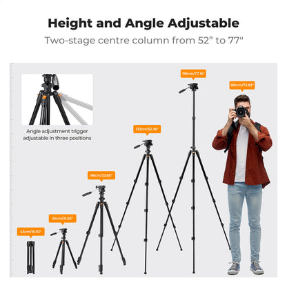 K&amp;F Concept 1.96m Aluminium Camera &amp; Video Travel Tripod With 3-Way Head KF09-115V1