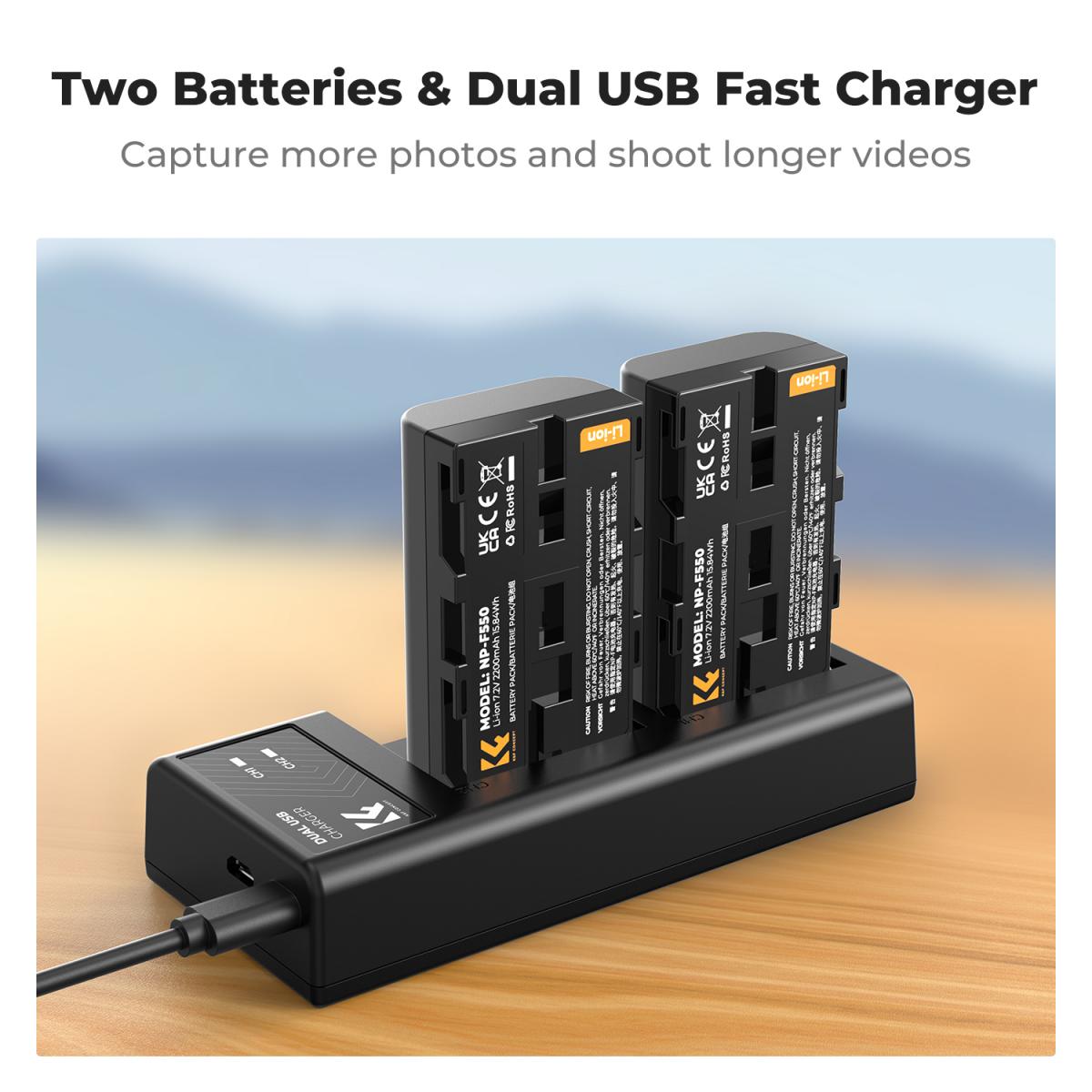 K&amp;F Concept 2 Pack NP-F550 Batteries &amp; Dual USB Charger Compatible with Sony - KF28-0046