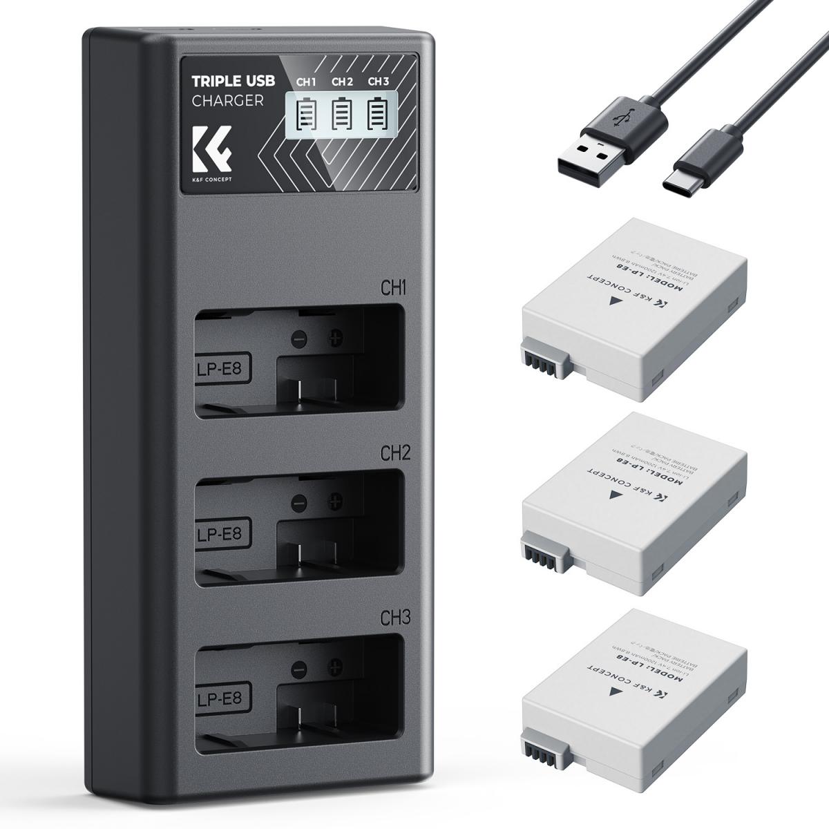 K&amp;F Concept 3 Pack LP-E8 Batteries &amp; LCD Charger for Canon EOS DSLR
