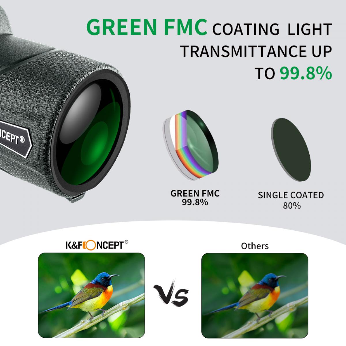 K&amp;F Concept 12X50 Compact Monocular IP65 Water Resistant BAK4 Prisms &amp; FMC Coatings