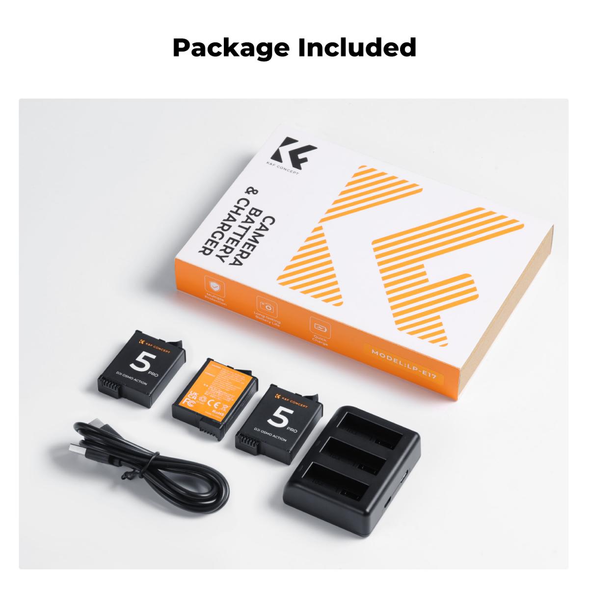 K&amp;F Concept 3 Pack Batteries &amp; Charger for DJI Osmo Action 5/4/3
