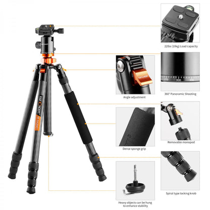 K&amp;F Concept SA284C1 Professional Carbon Fibre Tripod 10Kg Capacity Monopod Conversion KF09-095