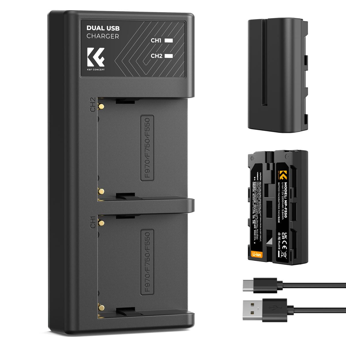 K&amp;F Concept 2 Pack NP-F550 Batteries &amp; Dual USB Charger Compatible with Sony - KF28-0046