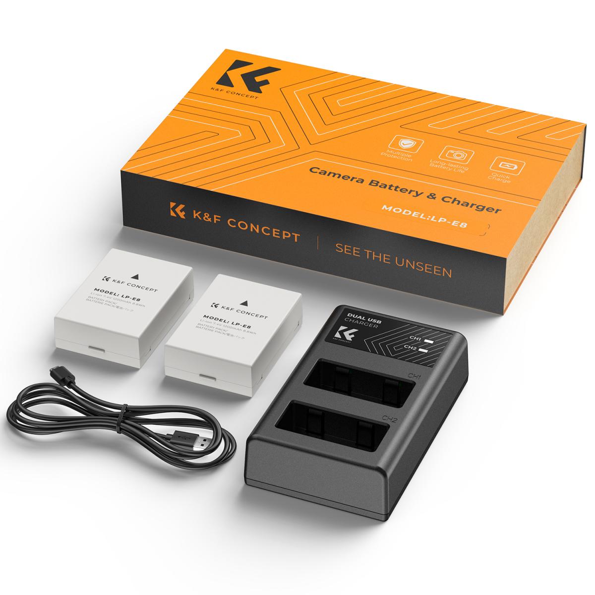 K&amp;F Concept Dual LP-E8 1200mAh Batteries + Charger for Canon