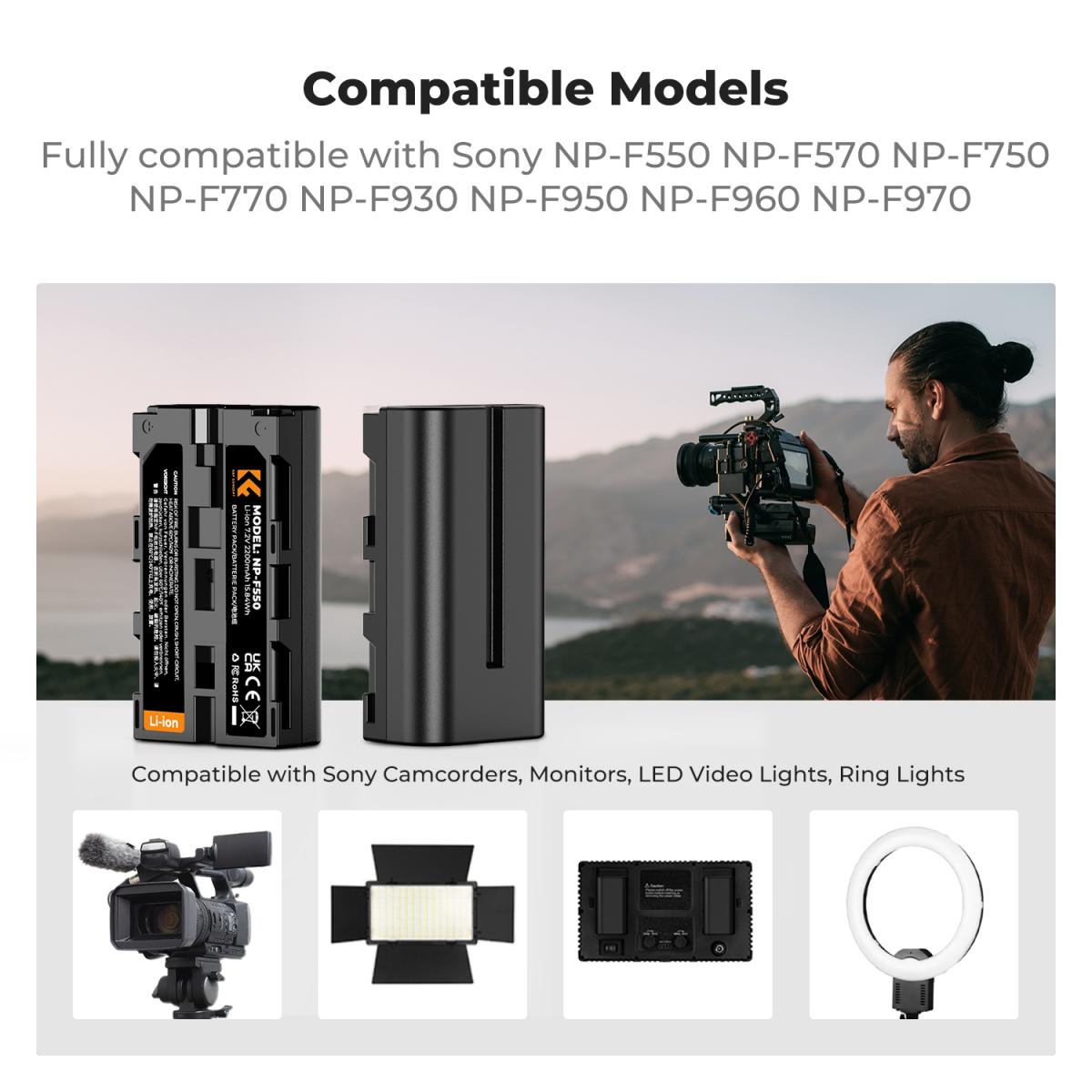 K&amp;F Concept 2 Pack NP-F550 Batteries &amp; Dual USB Charger Compatible with Sony - KF28-0046