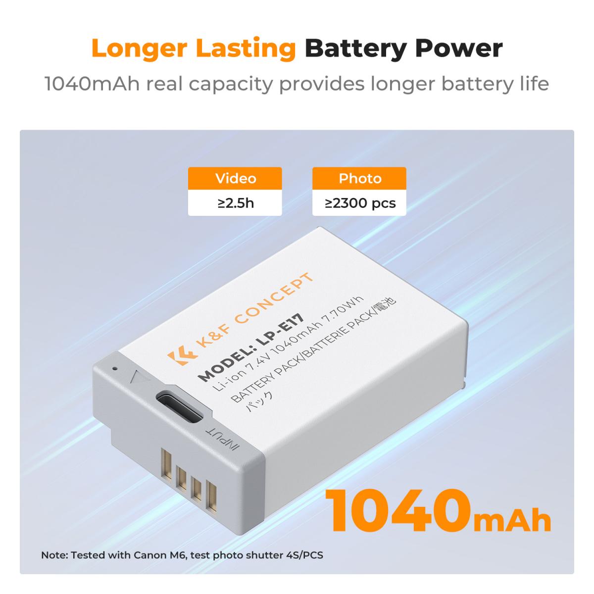 K&amp;F Concept 2-Pack 1040mAh LP-E17 USB-C Fast Charging Replacement Batteries for Canon Cameras