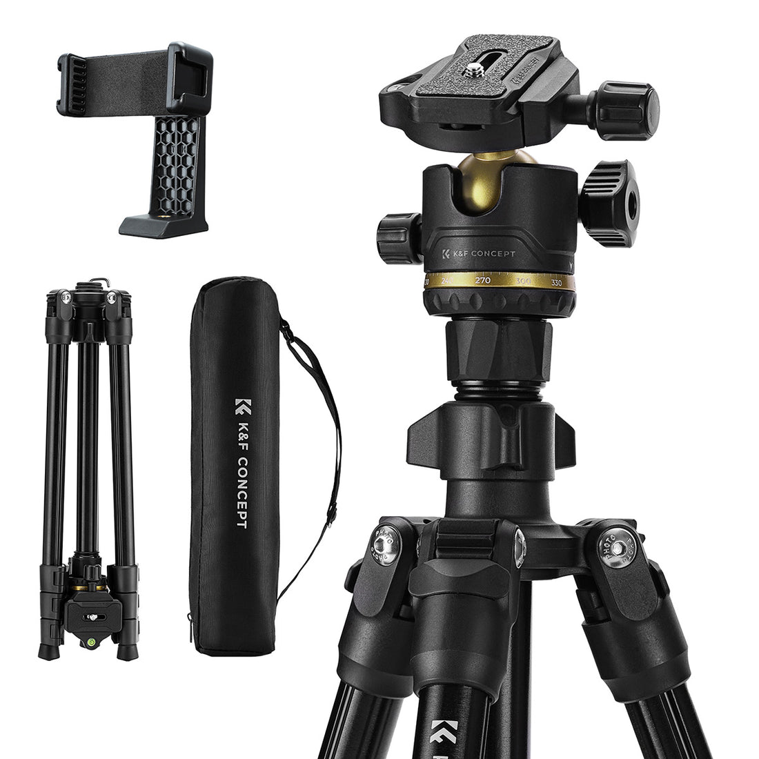 K&amp;F Concept Black &amp; Gold K234A3 Tripod with Bh-36 Head &amp; Phone Holder 1.78m