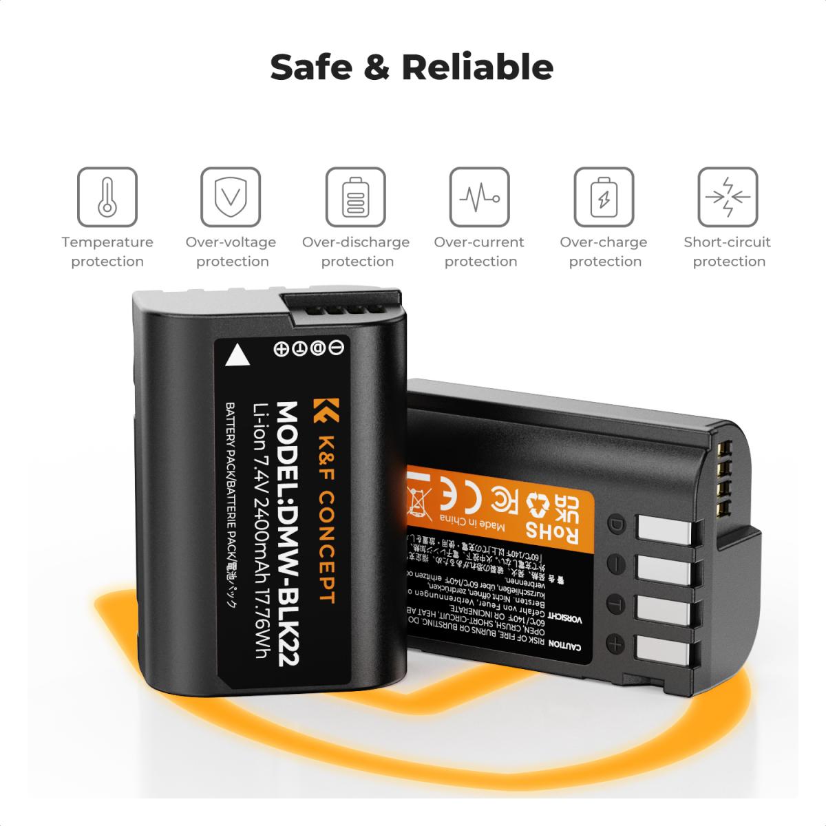 K&amp;F Concept 2 Pack DMW-BLK22 Batteries &amp; LCD Charger for Panasonic Lumix