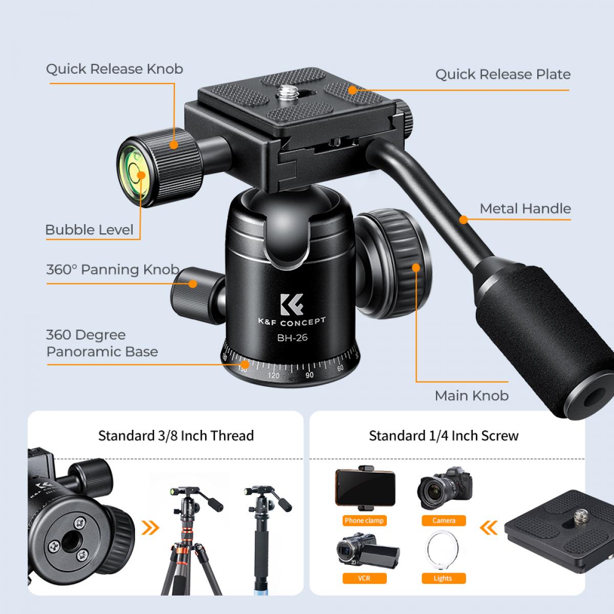 K&amp;F Video Tripod Head with Handle &amp; 360 Degree Rotation - KF31-049