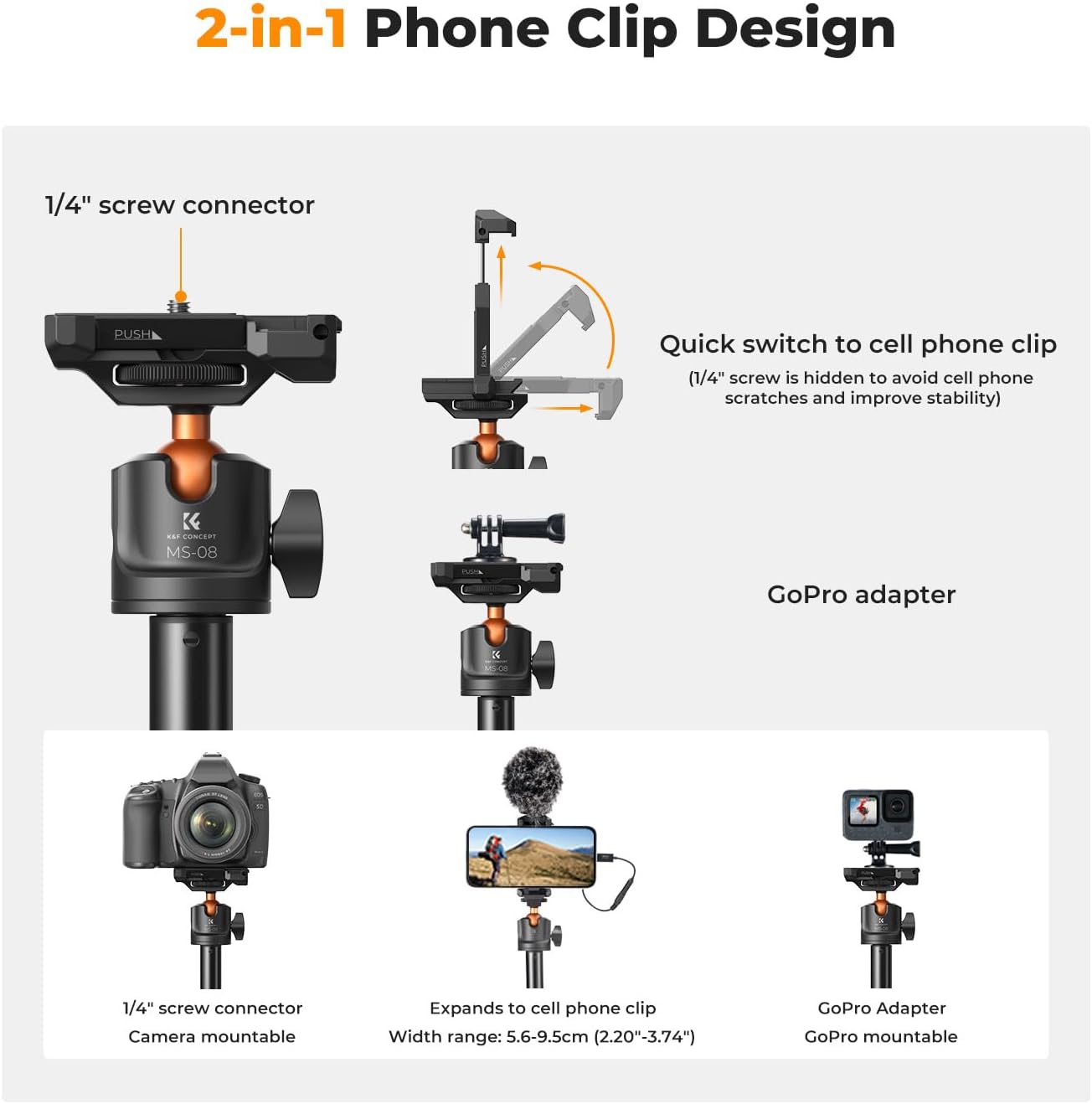 K&amp;F Concept MS08 Phone Selfie Stick With BT Remote + GoPro Adapter Tripod