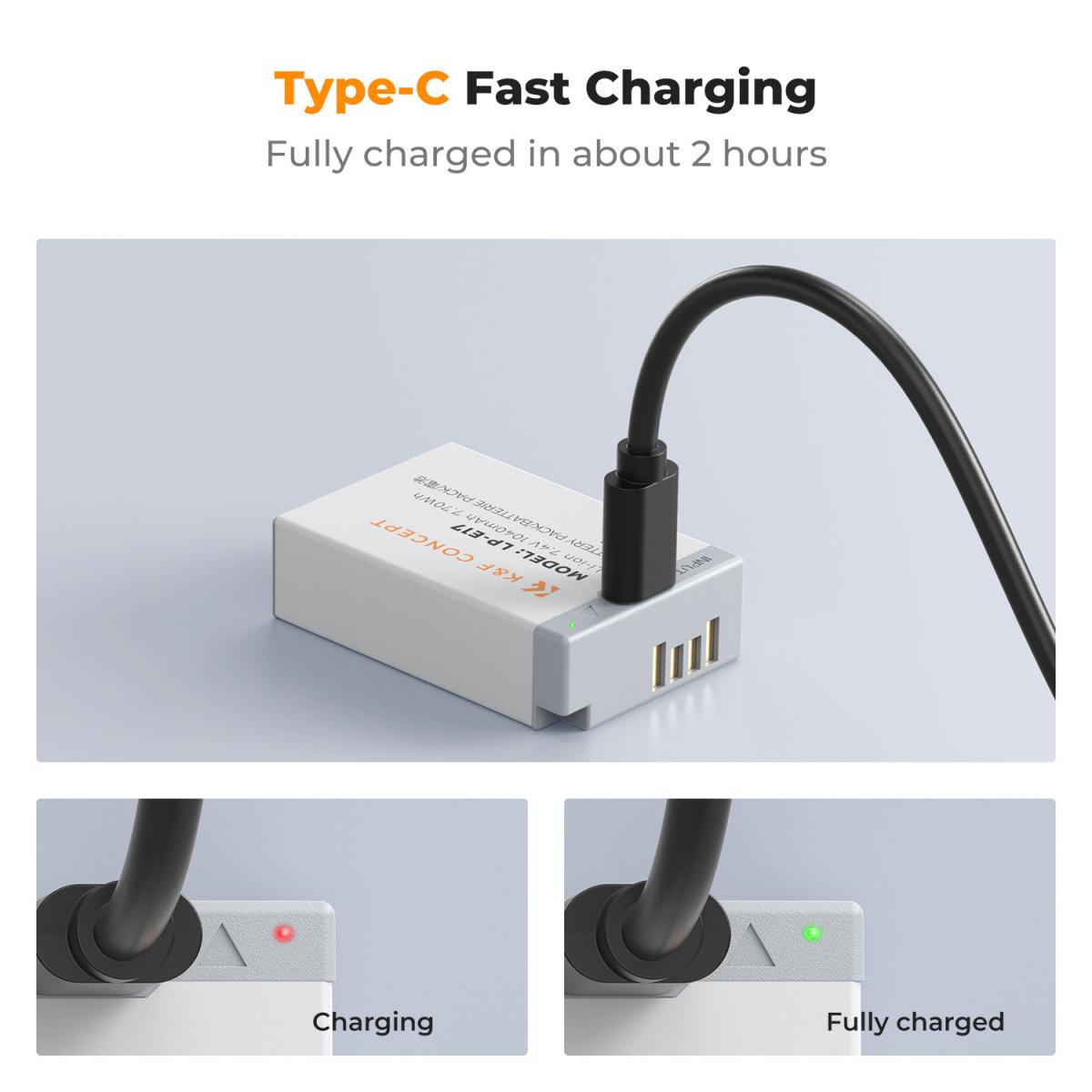 K&amp;F Concept 2-Pack 1040mAh LP-E17 USB-C Fast Charging Replacement Batteries for Canon Cameras