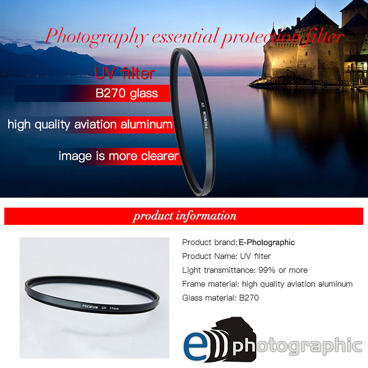 E-Photographic PRO 105 mm Multicoated UV Filter-German HD B270 Schott Optics