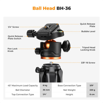 K&amp;F Concept Smart Lightweight Camera &amp; Phone Tripod | Ultimate Stability 8kg Load Capacity – S255A3+B-Head, Black