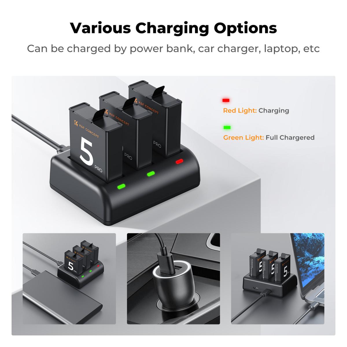 K&amp;F Concept 3 Pack Batteries &amp; Charger for DJI Osmo Action 5/4/3